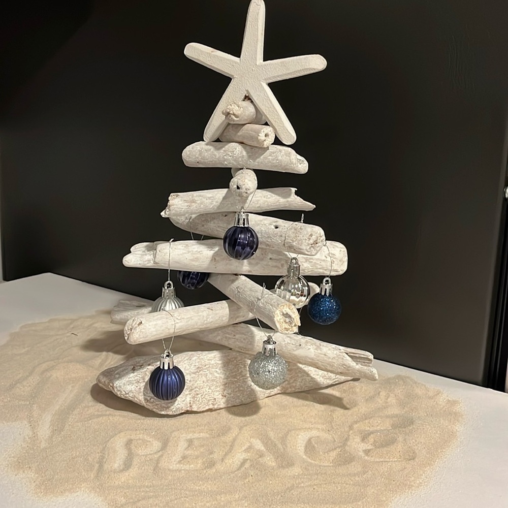 🆕 Coastal Driftwood Tree with Wood Star and Mini Ornaments Beach Tropical